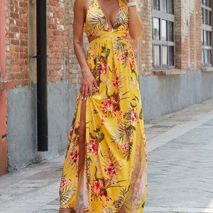 SHEIN Joyfunear Plunging Neck Floral Maxi Dress